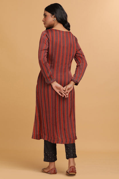 W for Woman Red Stripes Ajrakh Print kurta in Modal satin