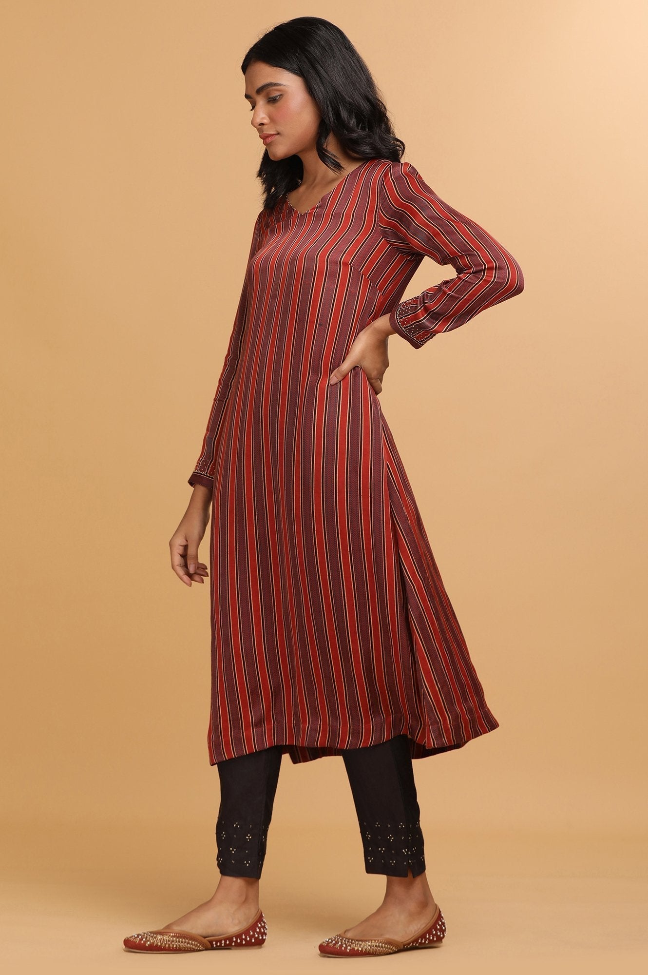 W for Woman Red Stripes Ajrakh Print kurta in Modal satin