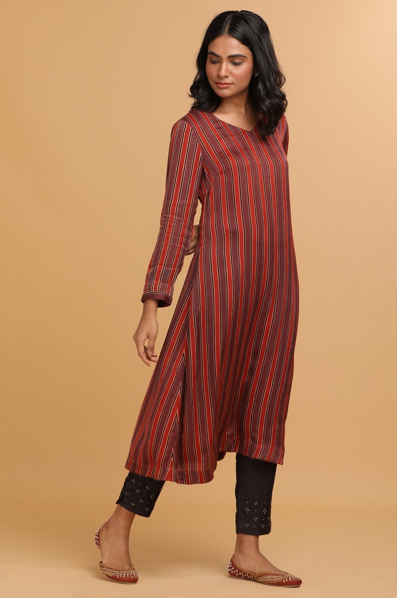 W for Woman Red Stripes Ajrakh Print kurta in Modal satin