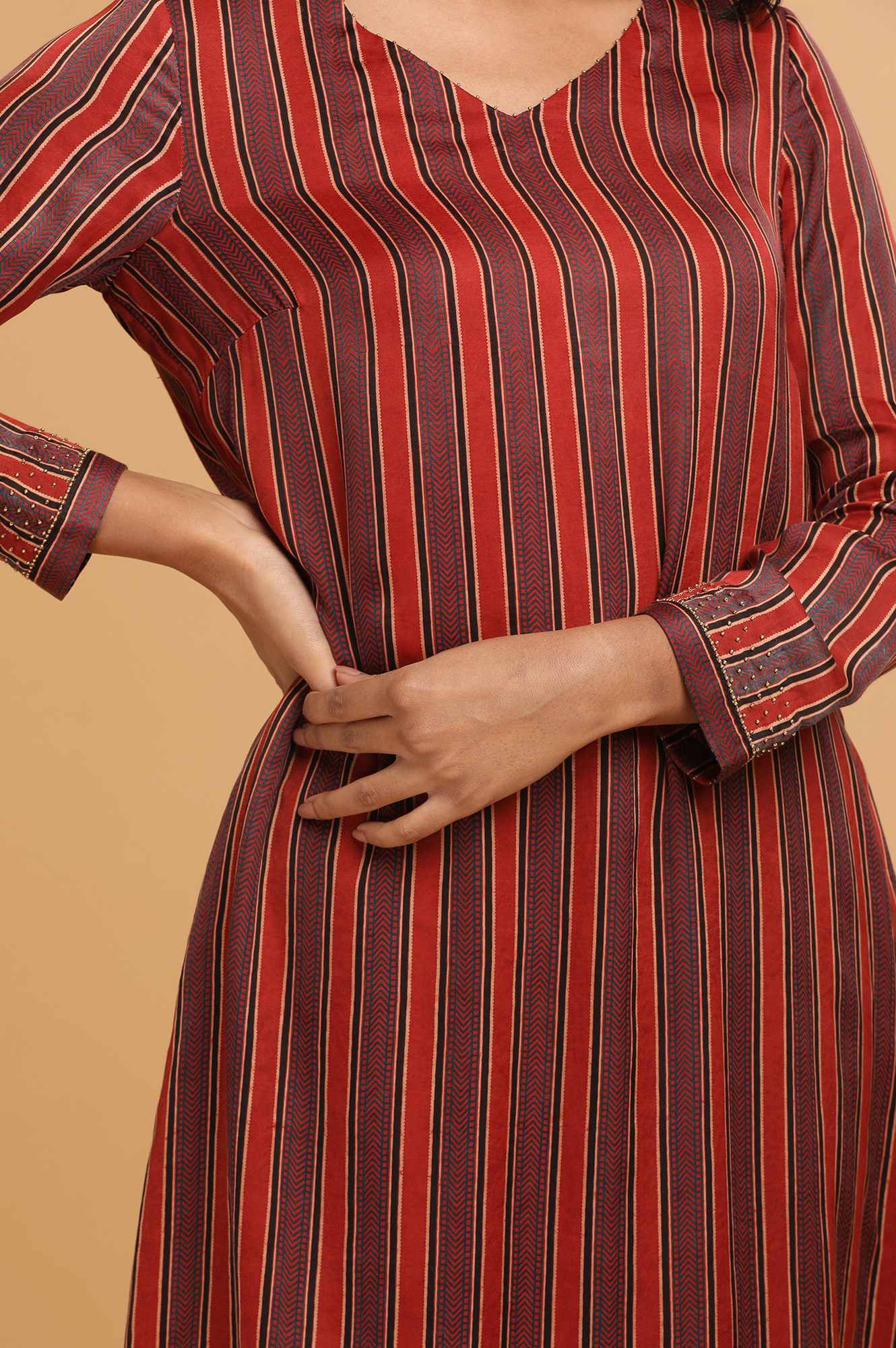 W for Woman Red Stripes Ajrakh Print kurta in Modal satin