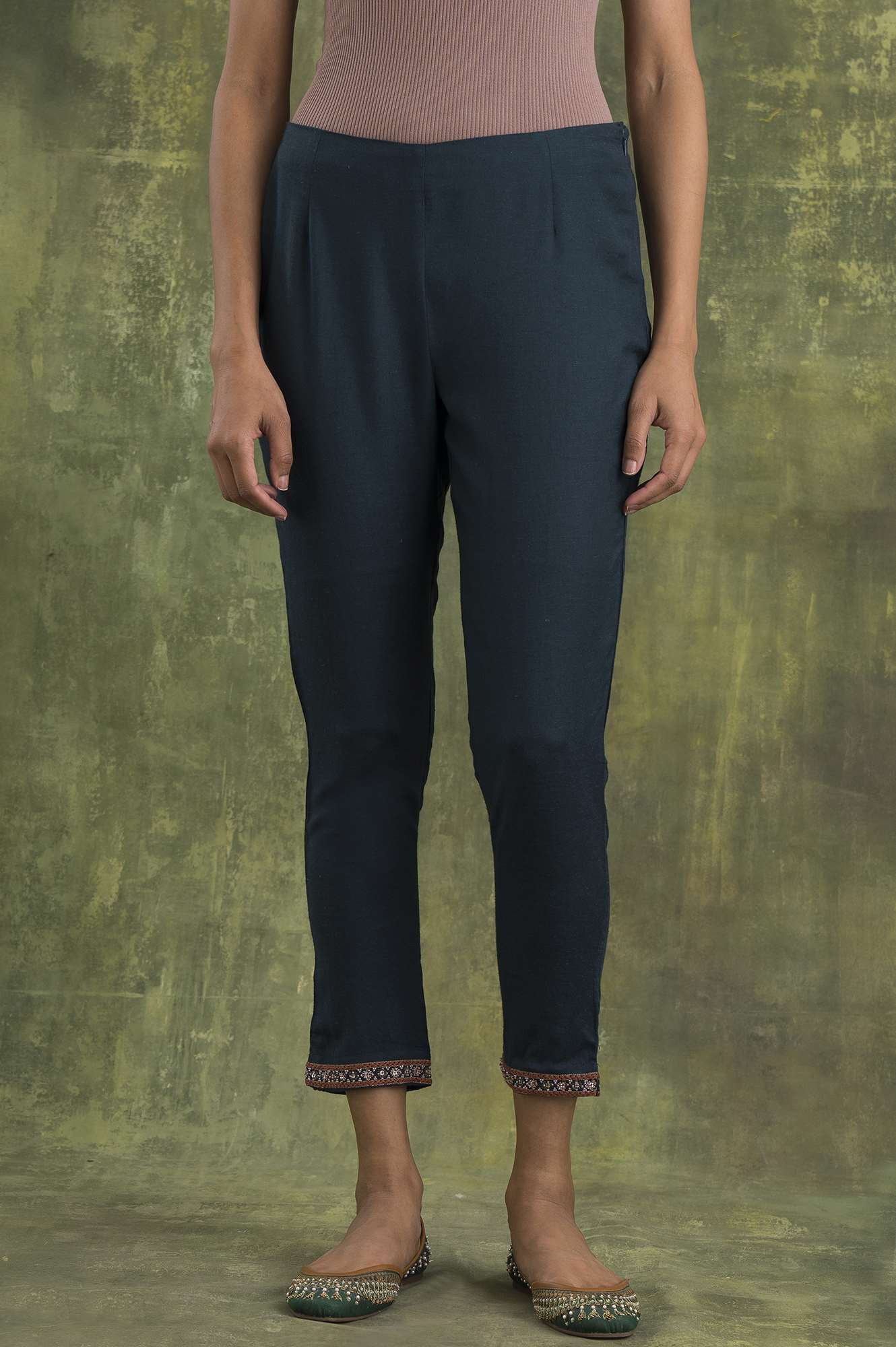 W for Woman Teal Blue Solid Slim Pants