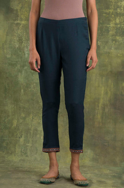 W for Woman Teal Blue Solid Slim Pants