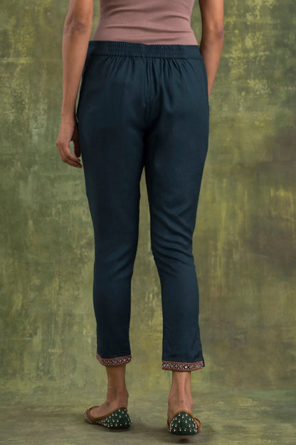 W for Woman Teal Blue Solid Slim Pants