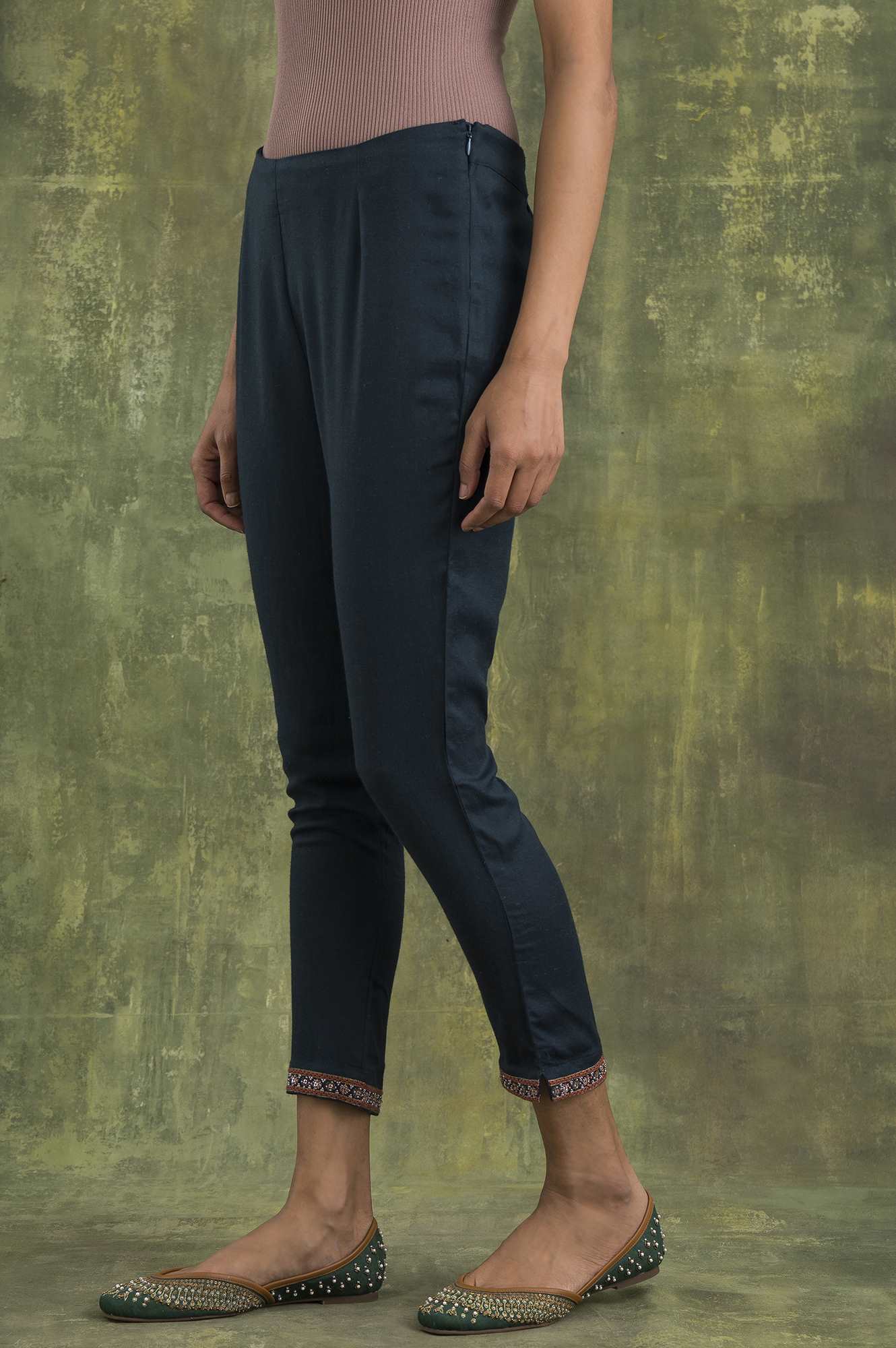 W for Woman Teal Blue Solid Slim Pants