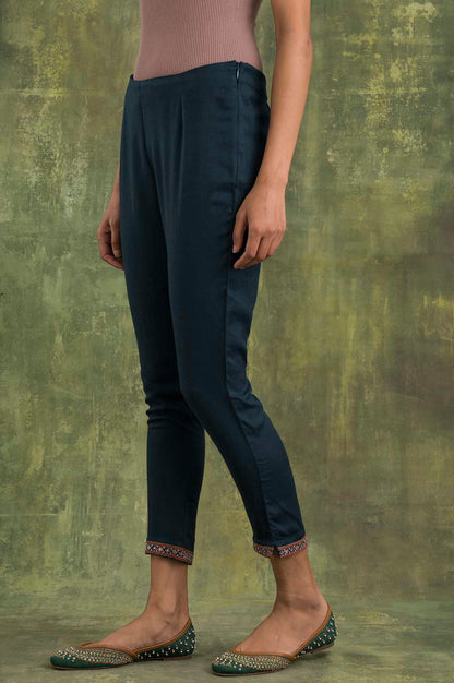 W for Woman Teal Blue Solid Slim Pants