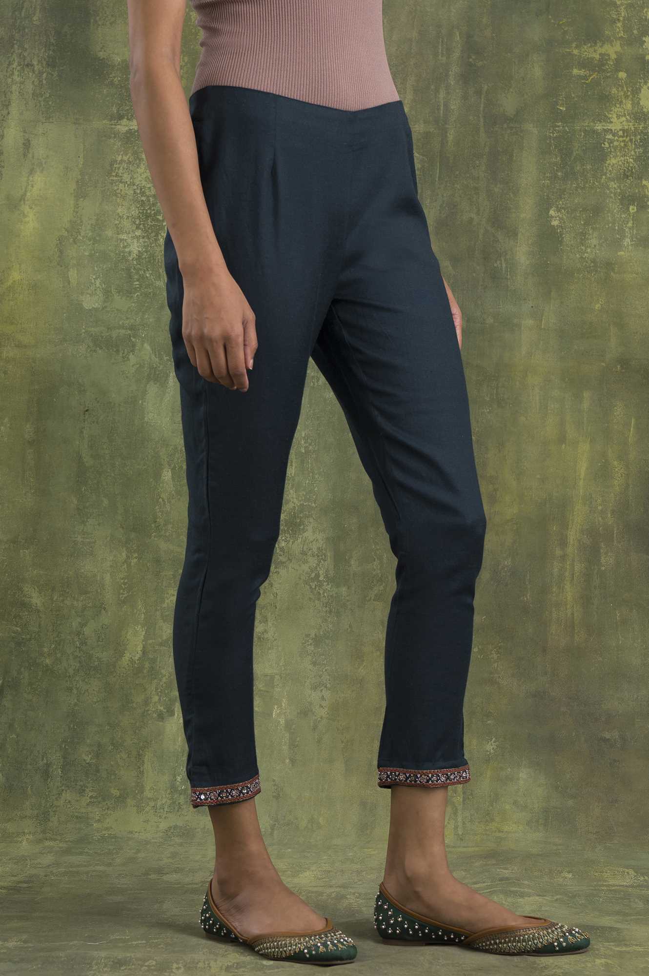 W for Woman Teal Blue Solid Slim Pants