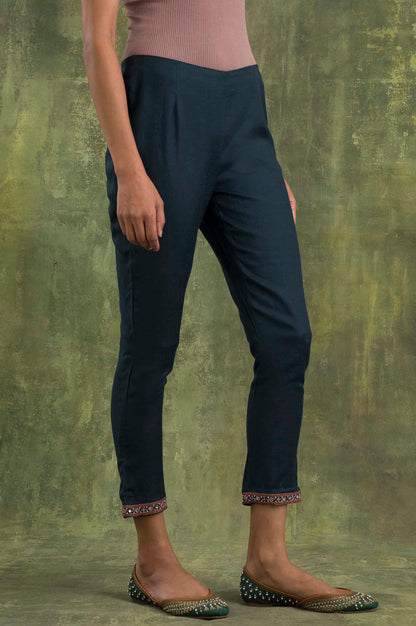 W for Woman Teal Blue Solid Slim Pants