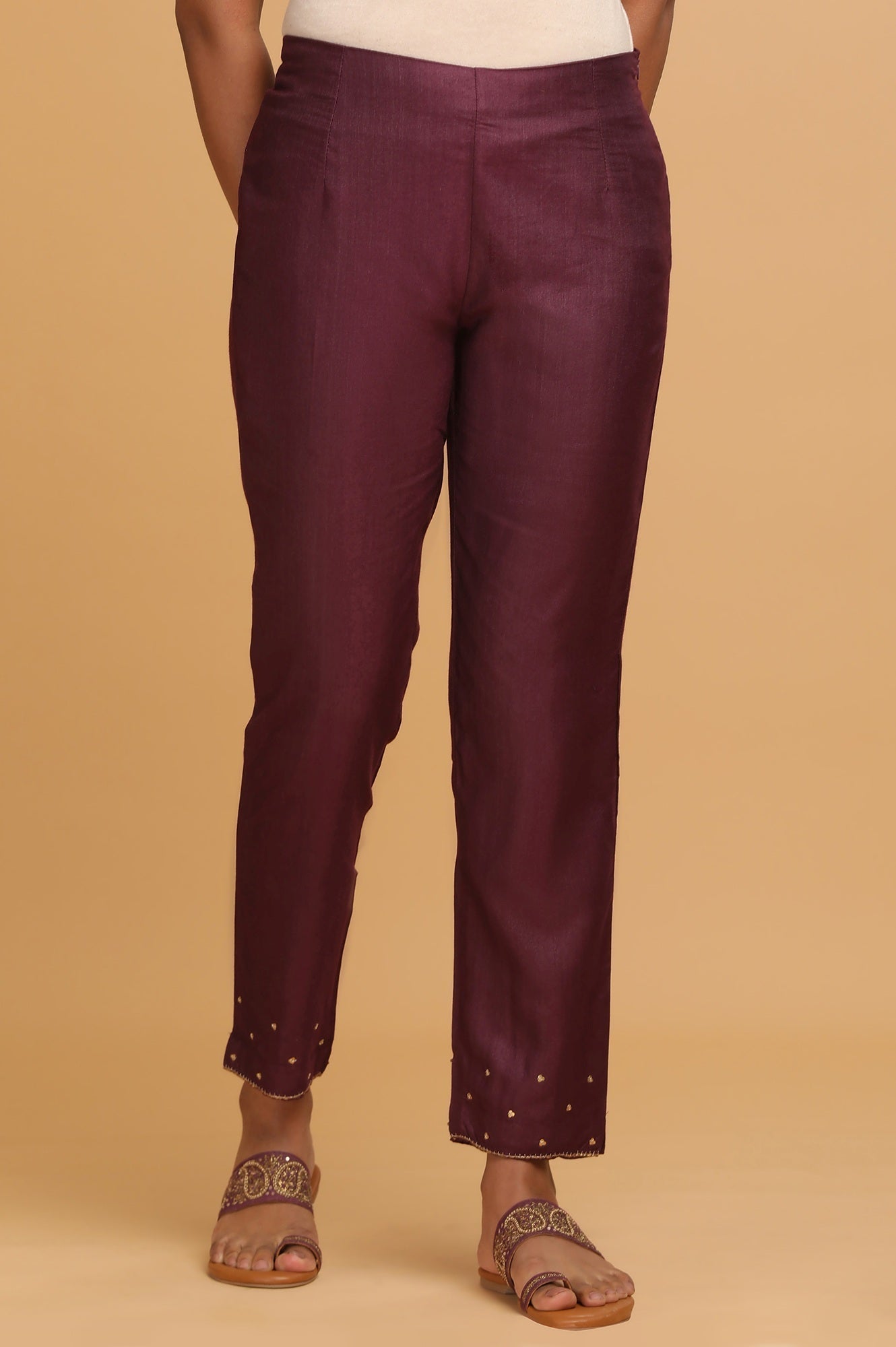 W for Woman Purple Solid Slim Pants