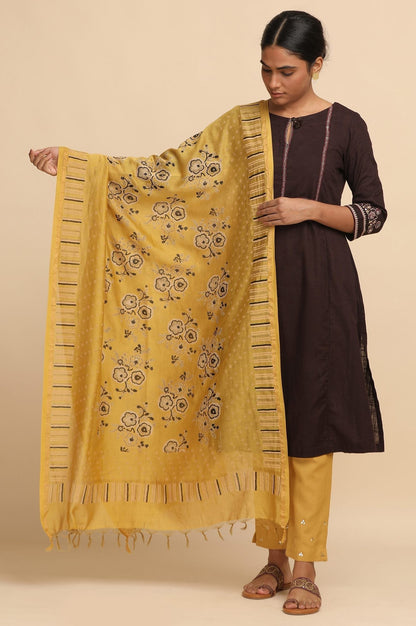 W for Woman Yellow Cotton Silk Block Printed Drape