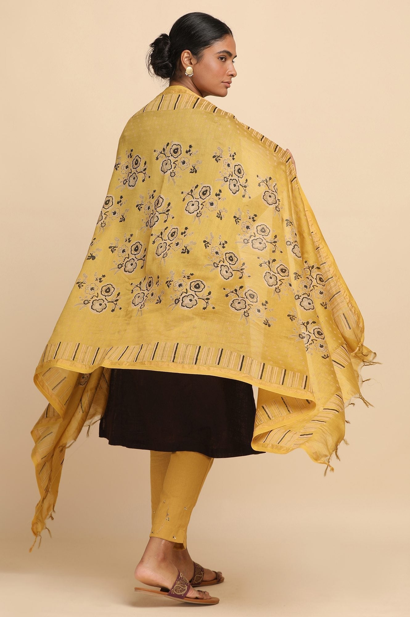 W for Woman Yellow Cotton Silk Block Printed Drape