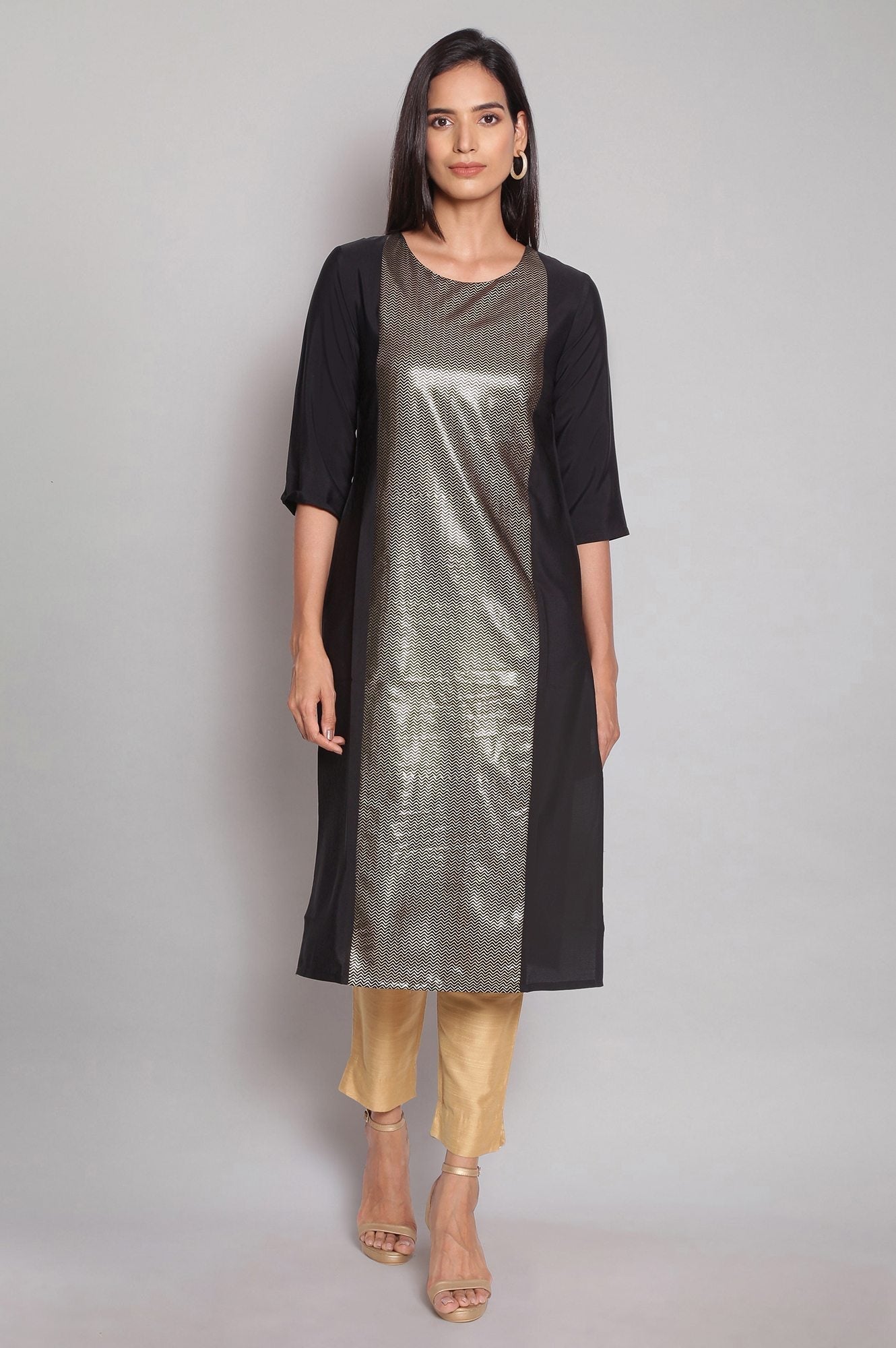 W for Woman Black American Crepe Placement Print kurta