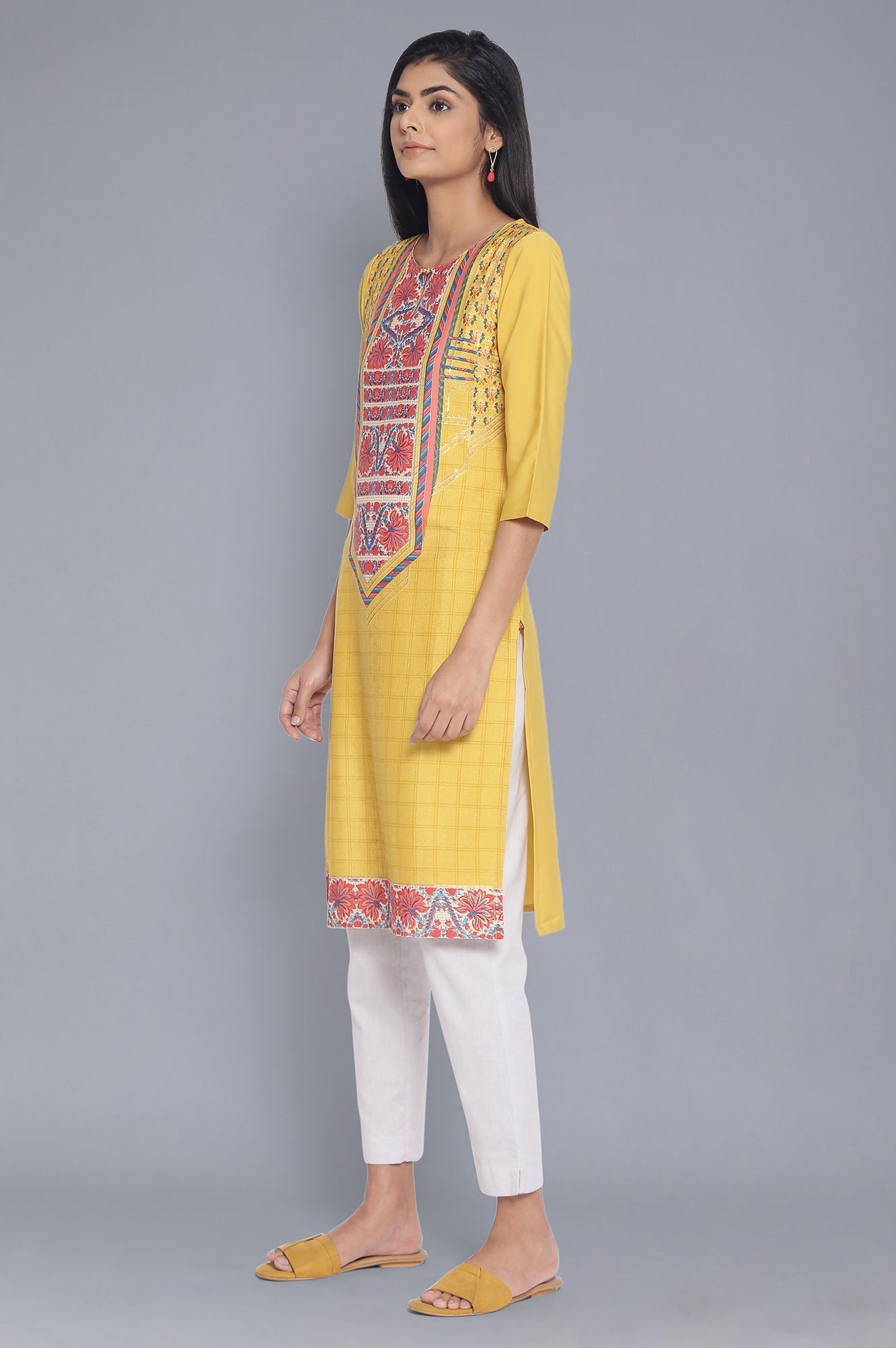 W for Woman Yellow Printed Straight kurta