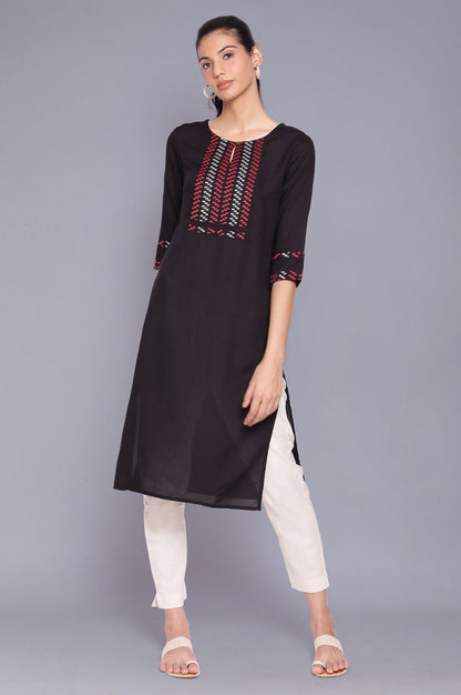 W for Woman Black Yarn-Dyed Round Neck kurta