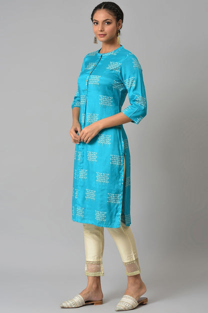 W for Woman Turquoise Blue Geometric Printed Shantung Straight Kurta