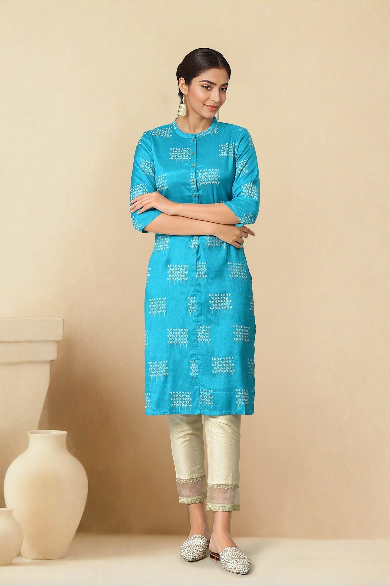 W for Woman Turquoise Blue Geometric Printed Shantung Straight Kurta