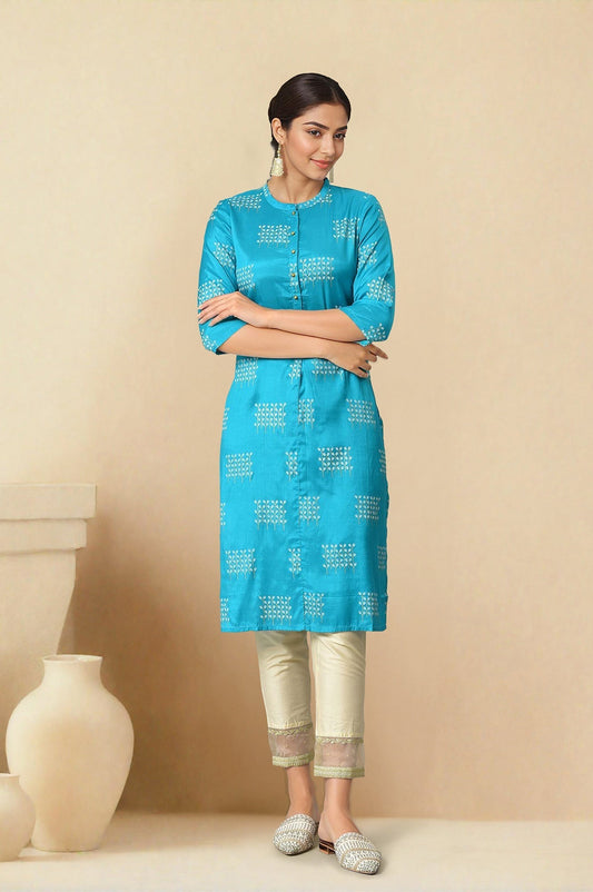 W for Woman Turquoise Blue Geometric Printed Shantung Straight Kurta
