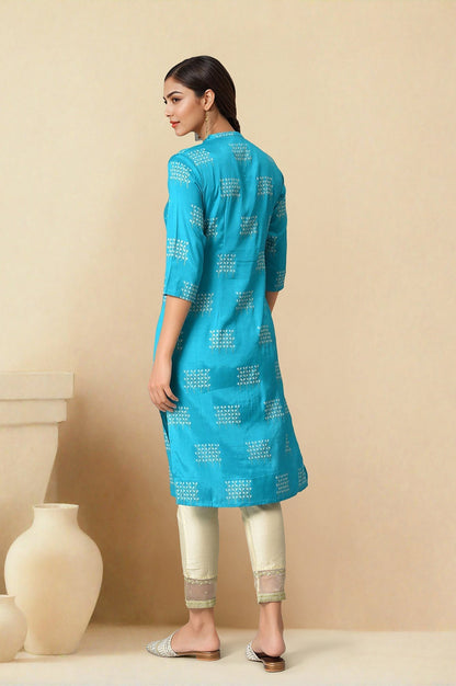 W for Woman Turquoise Blue Geometric Printed Shantung Straight Kurta