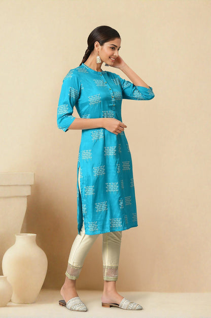 W for Woman Turquoise Blue Geometric Printed Shantung Straight Kurta