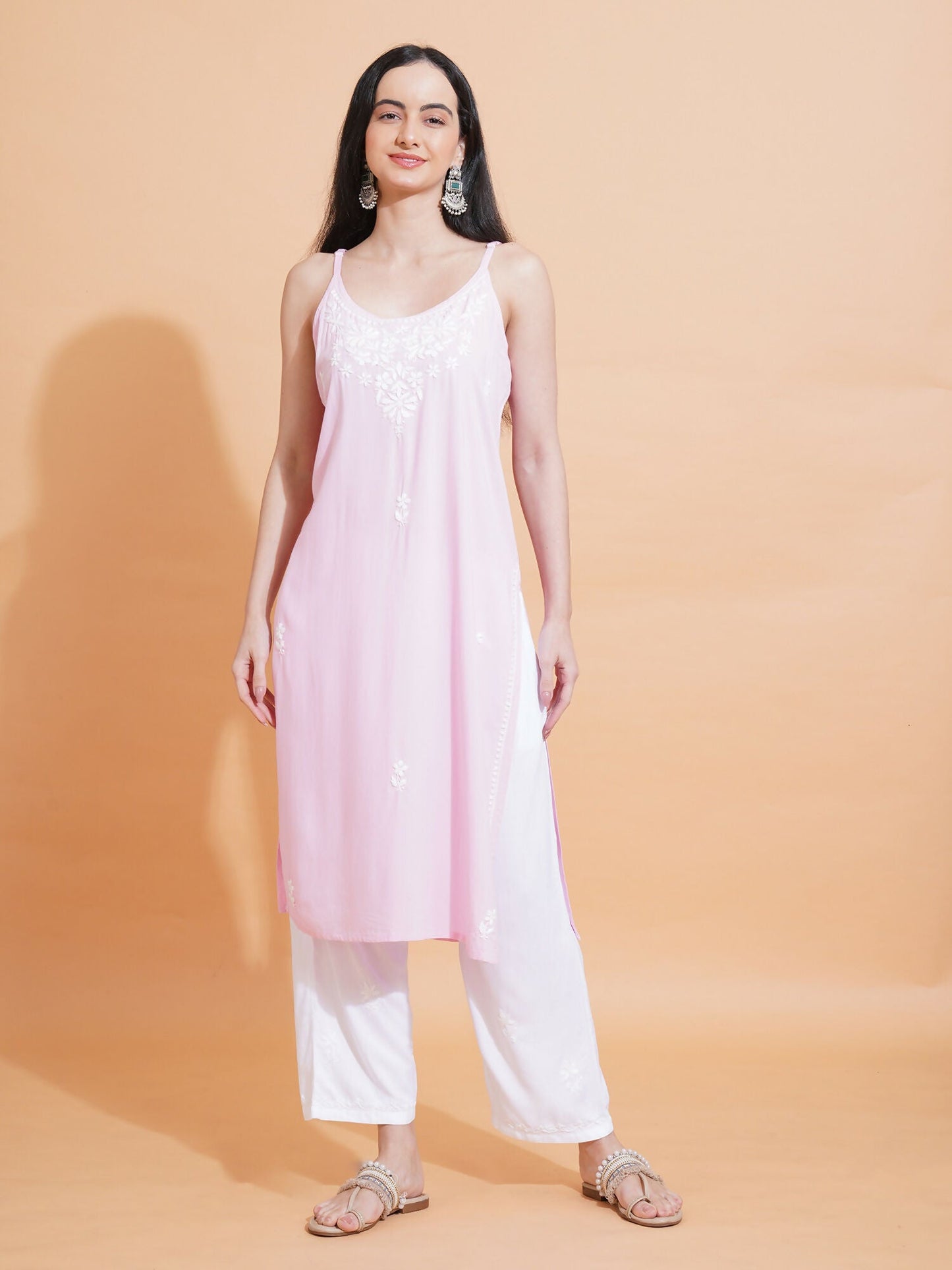 Pahnaz Luxury Rayon Chikankari Sleeveless Long Kurti-Pink