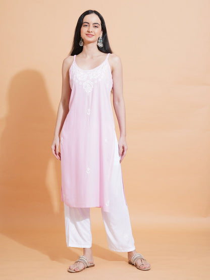 Pahnaz Luxury Rayon Chikankari Sleeveless Long Kurti-Pink