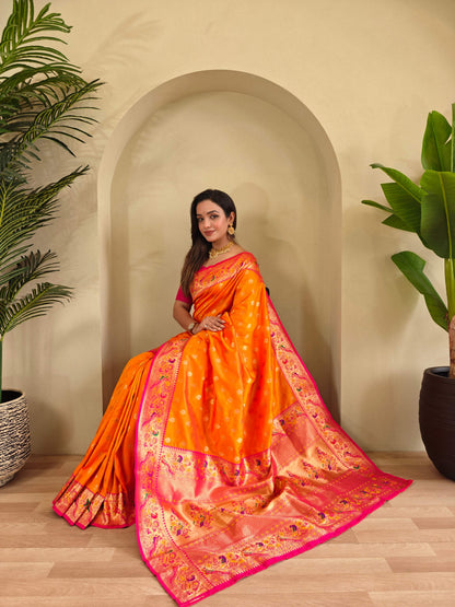 Mameraa Sarees Paithani Silk Blend Weaving Saree With Contrast Blouse-Yellow