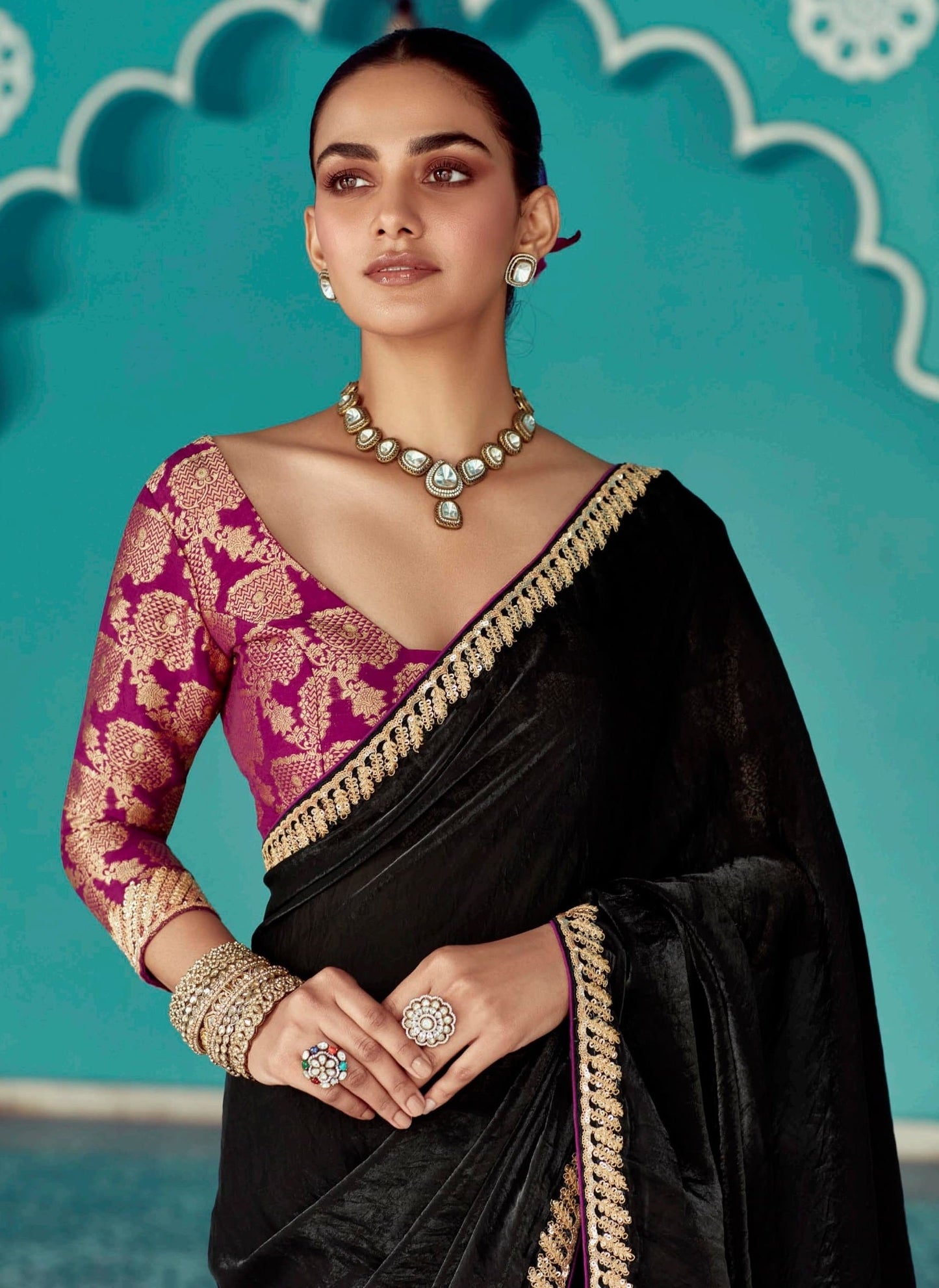 Anaita Black Embroidery Work Saree With Jacquard Work Blouse Piece