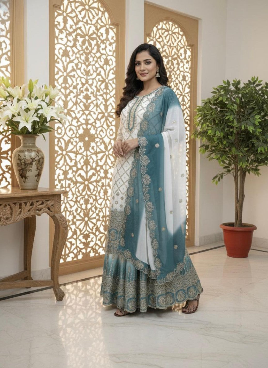 Anaita Blue & White Georgette Readymade Suit with Embroidery & Sequence Work