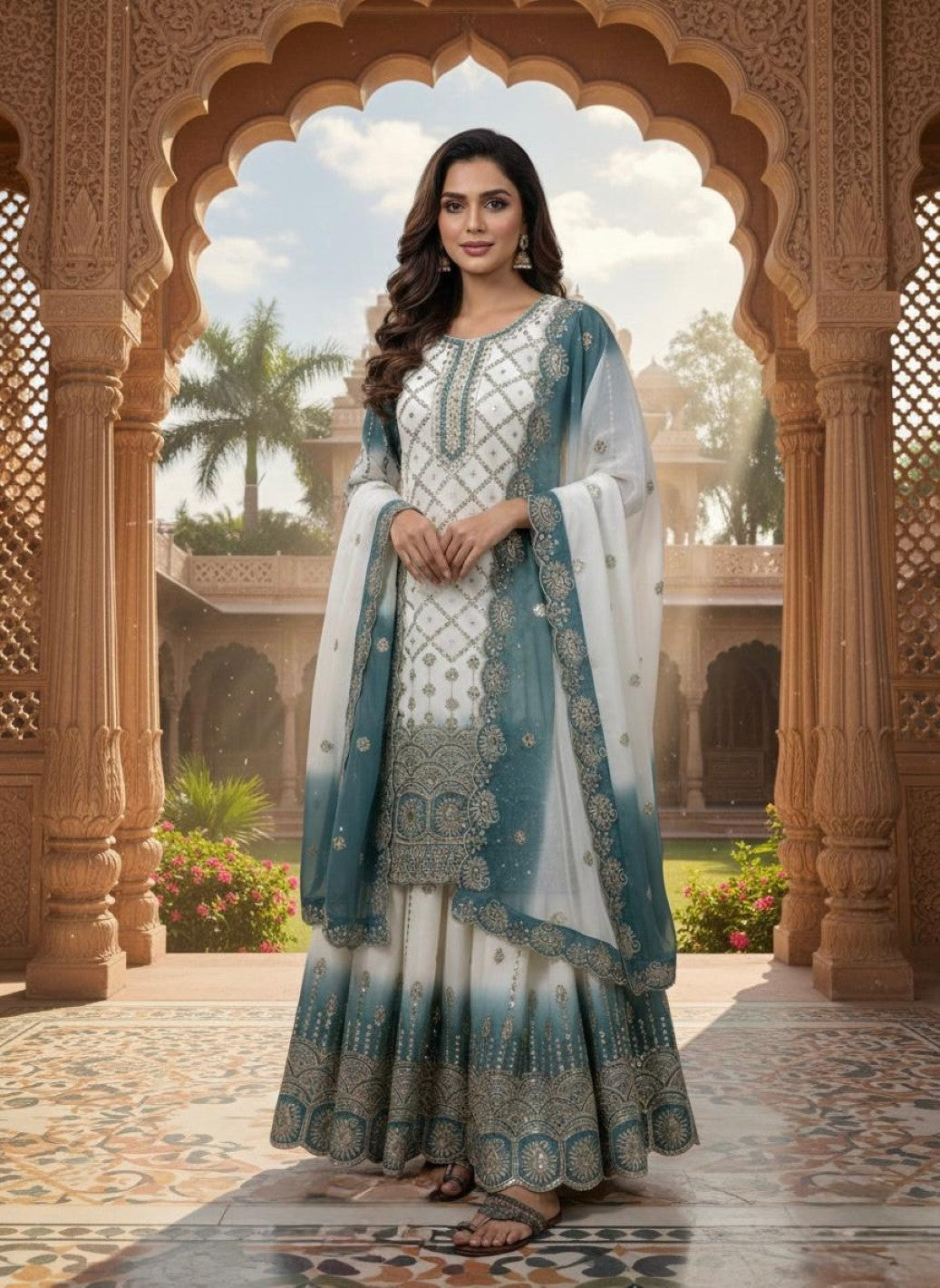 Anaita Blue & White Georgette Readymade Suit with Embroidery & Sequence Work