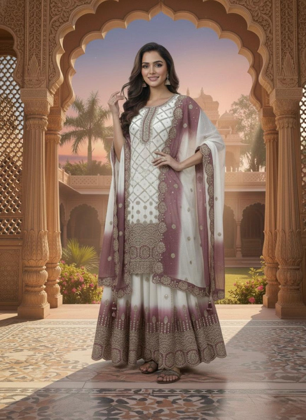 Anaita Purple & White Georgette Readymade Suit with Embroidery & Sequence Work