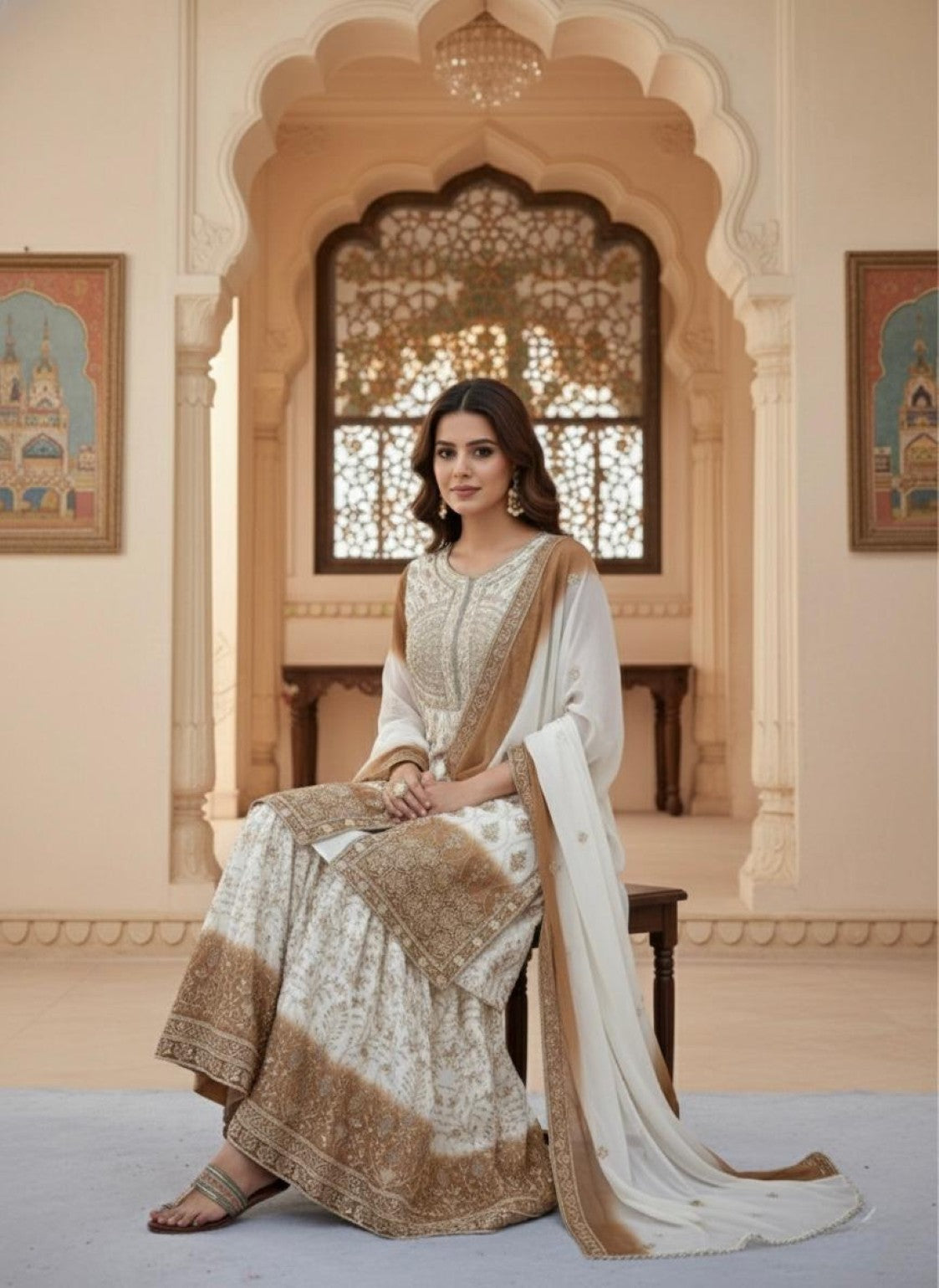 Anaita Brown & White Georgette Readymade Suit with Embroidery & Sequence Work