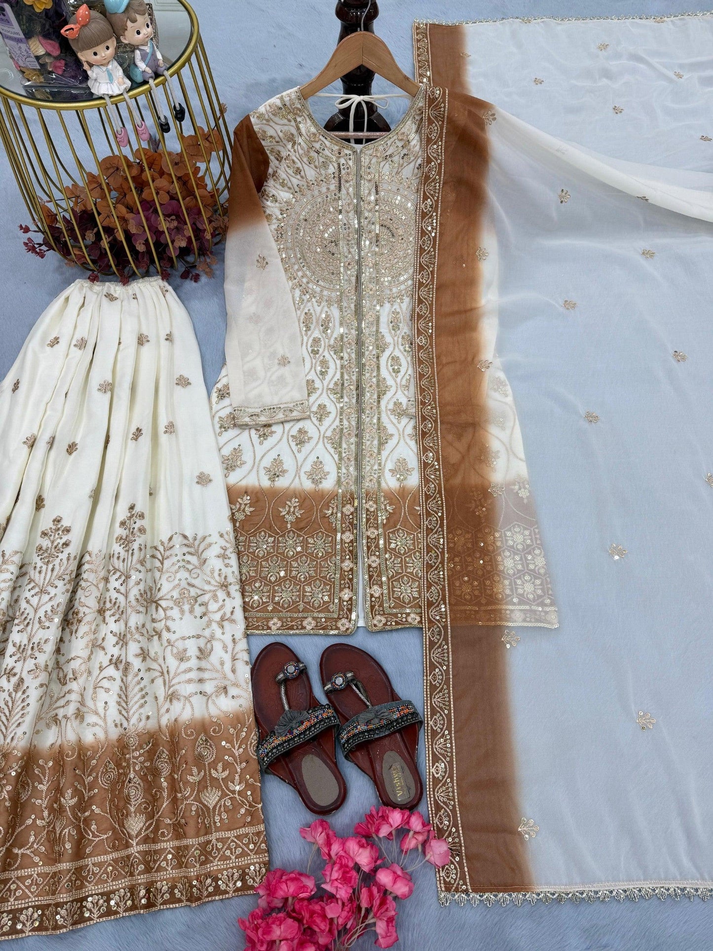 Anaita Brown & White Georgette Readymade Suit with Embroidery & Sequence Work