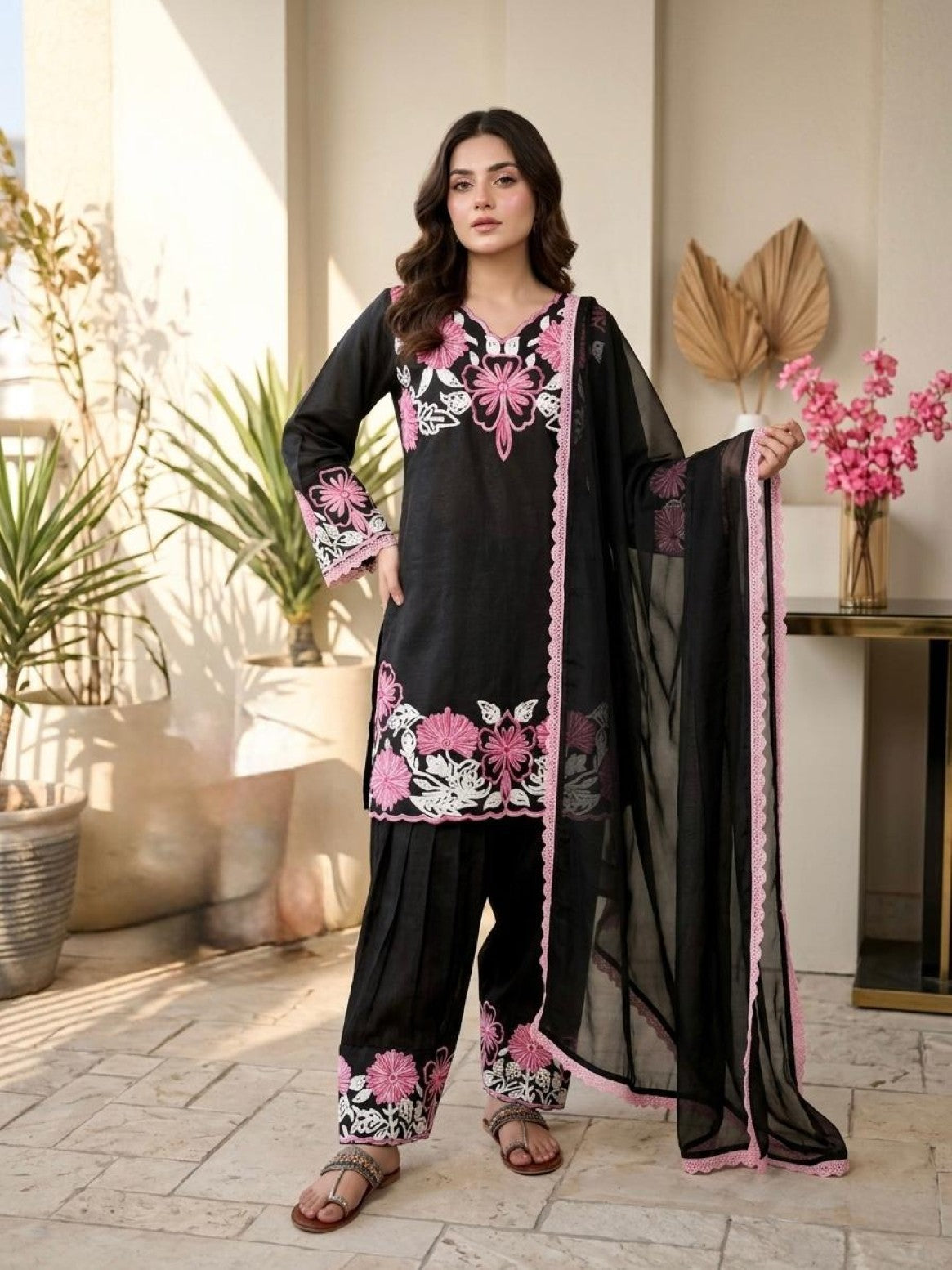 Anaita Black Silk Readymade Suit with Thread Embroidery Work