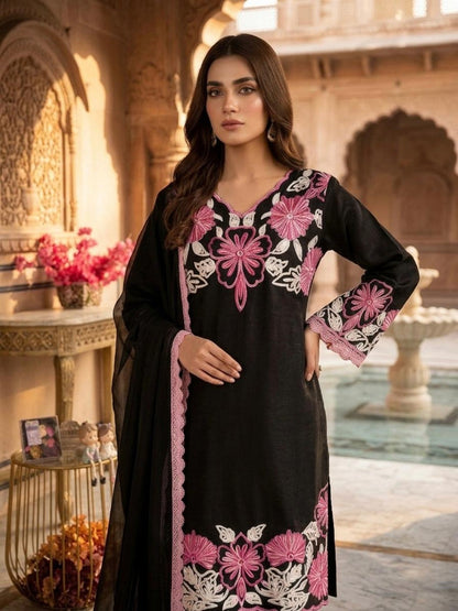 Anaita Black Silk Readymade Suit with Thread Embroidery Work
