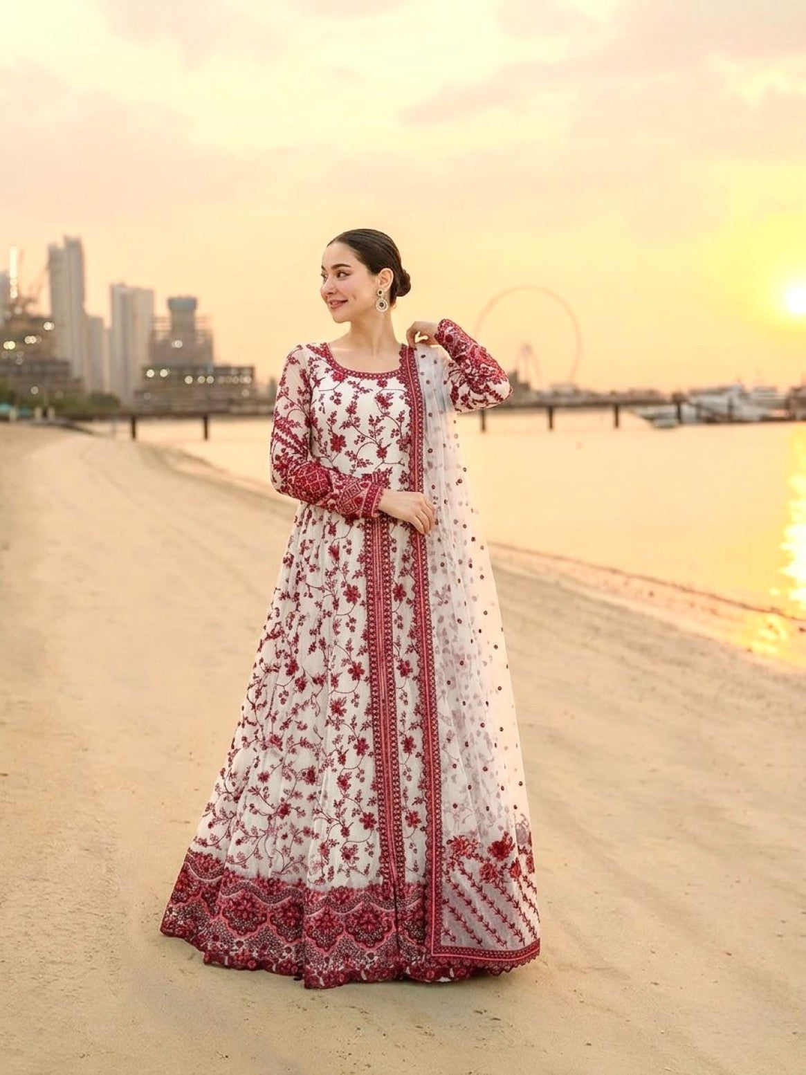 Anaita Red & White Faux Georgette Readymade Suit with Embroidery & Tassels attached
