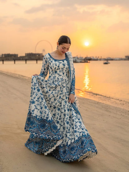 Anaita Blue & White Faux Georgette Readymade Suit with Embroidery & Tassels attached