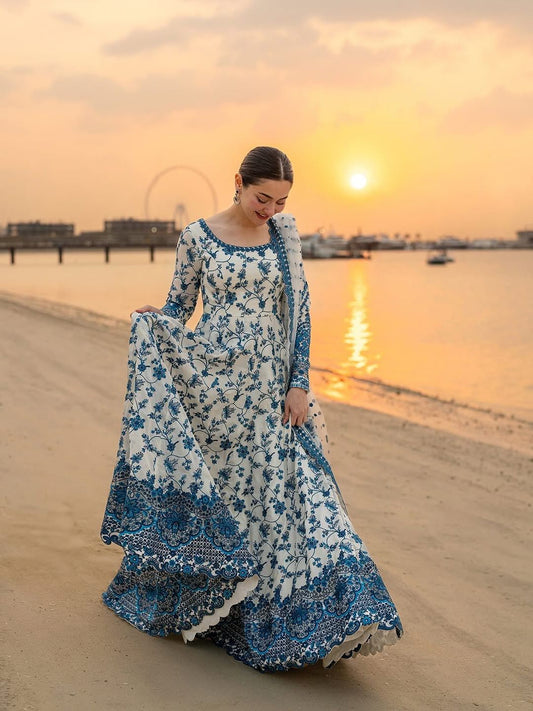 Anaita Blue & White Faux Georgette Readymade Suit with Embroidery & Tassels attached