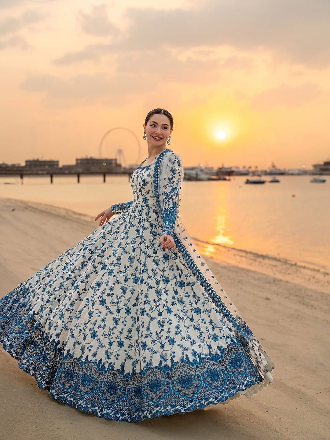 Anaita Blue & White Faux Georgette Readymade Suit with Embroidery & Tassels attached