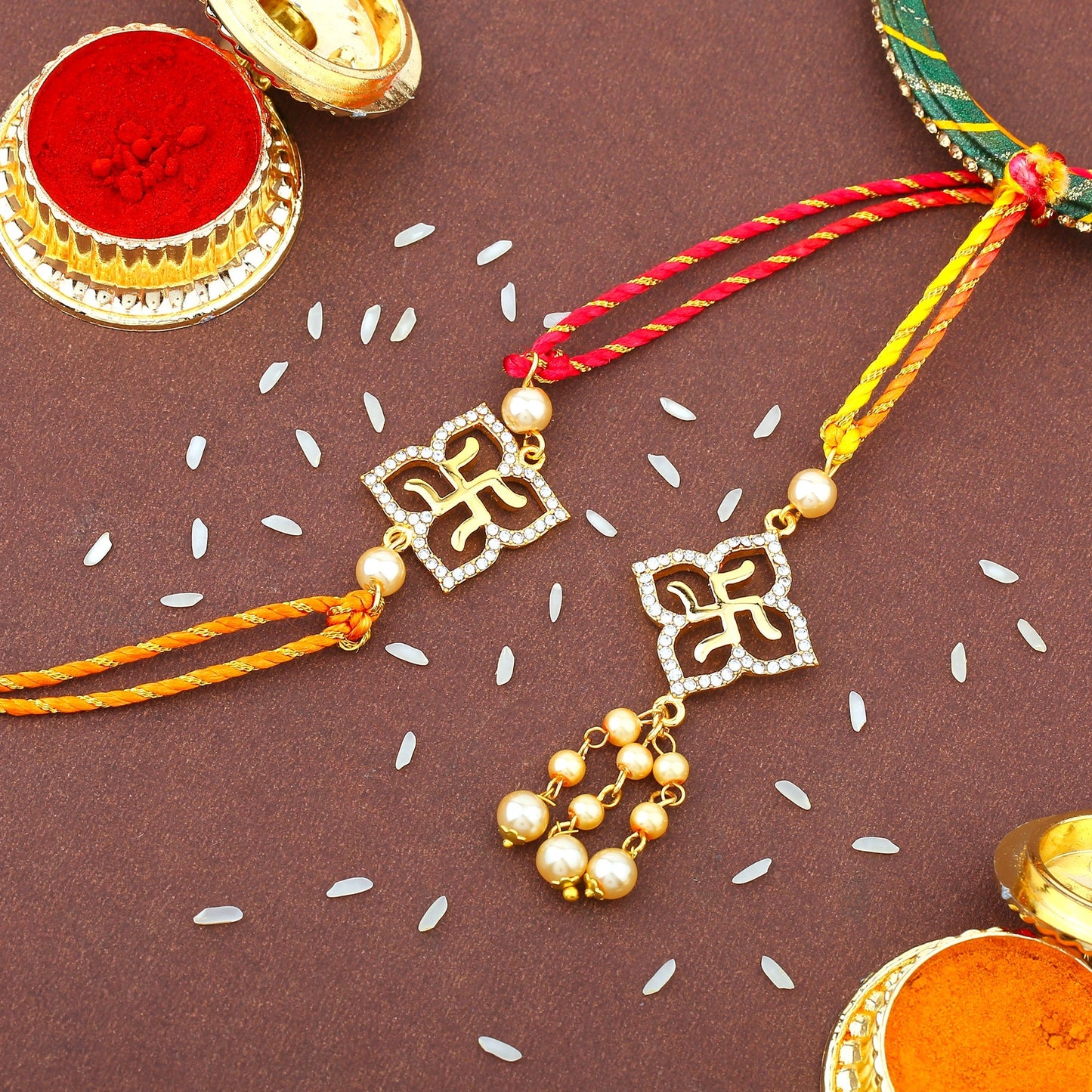 Gold Swastik Pearl Bhaiya Bhabhi Rakhi