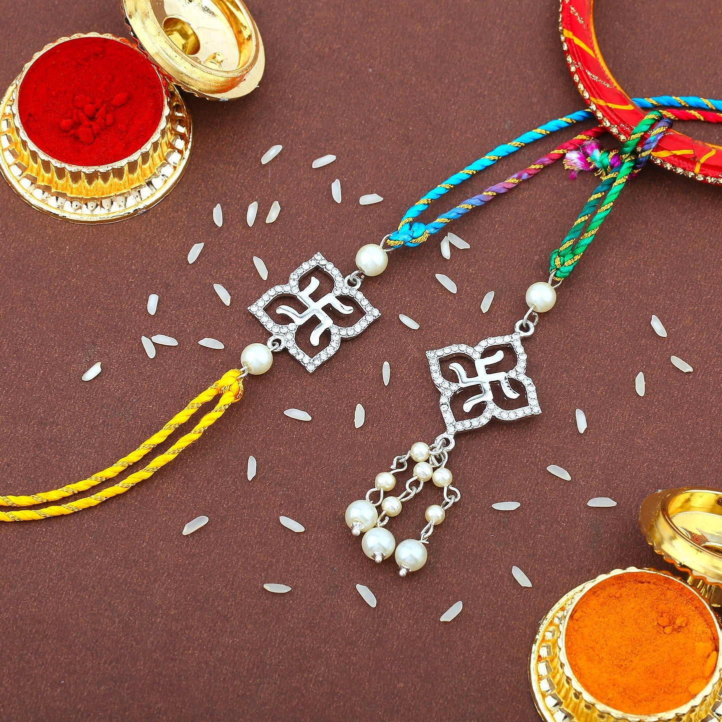 Rhodium Swastik Crystal Bhaiya Bhabhi Rakhi