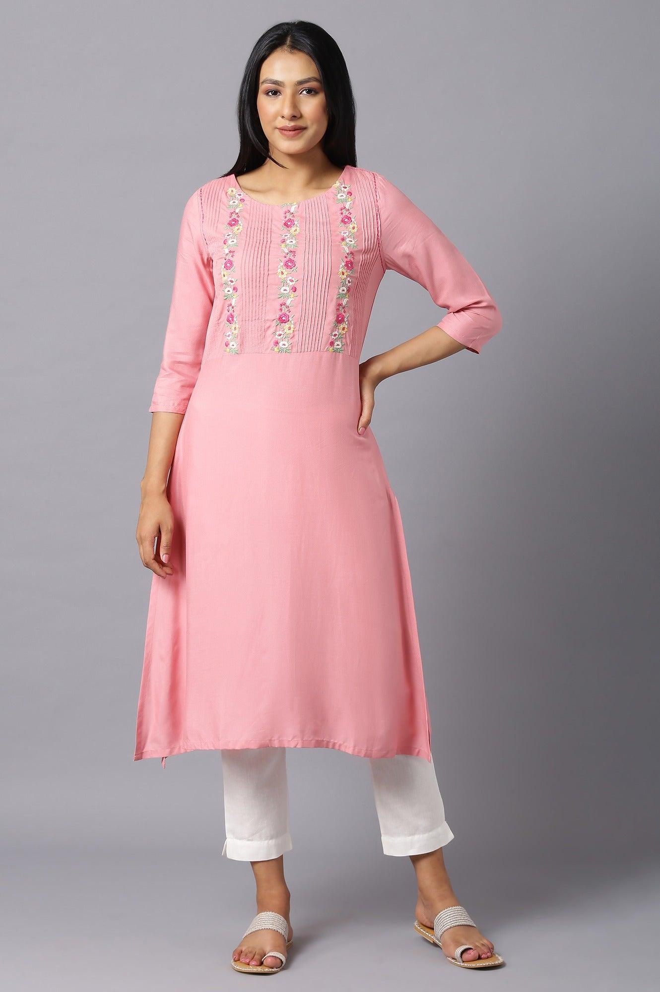 W for Woman Pink Embroidered kurta With Lace Trimming