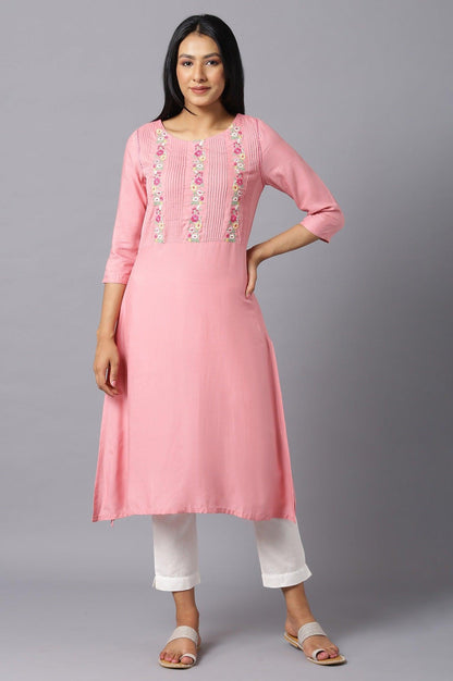 W for Woman Pink Embroidered kurta With Lace Trimming