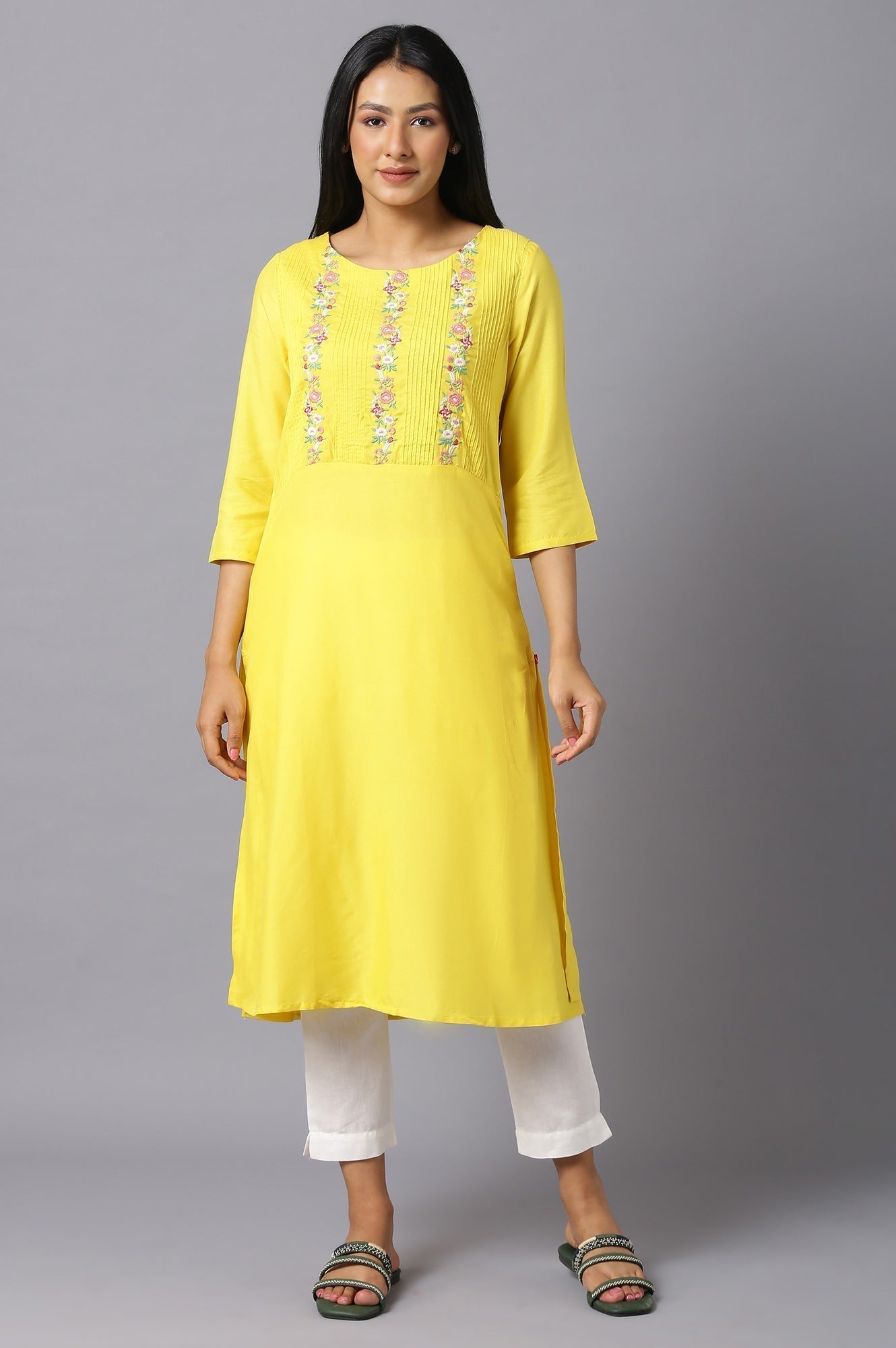 W for Woman Yellow Embroidered Kurta with Lace Trimming