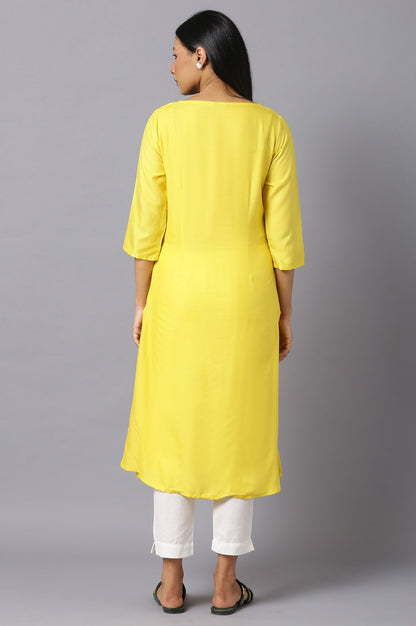 W for Woman Yellow Embroidered Kurta with Lace Trimming