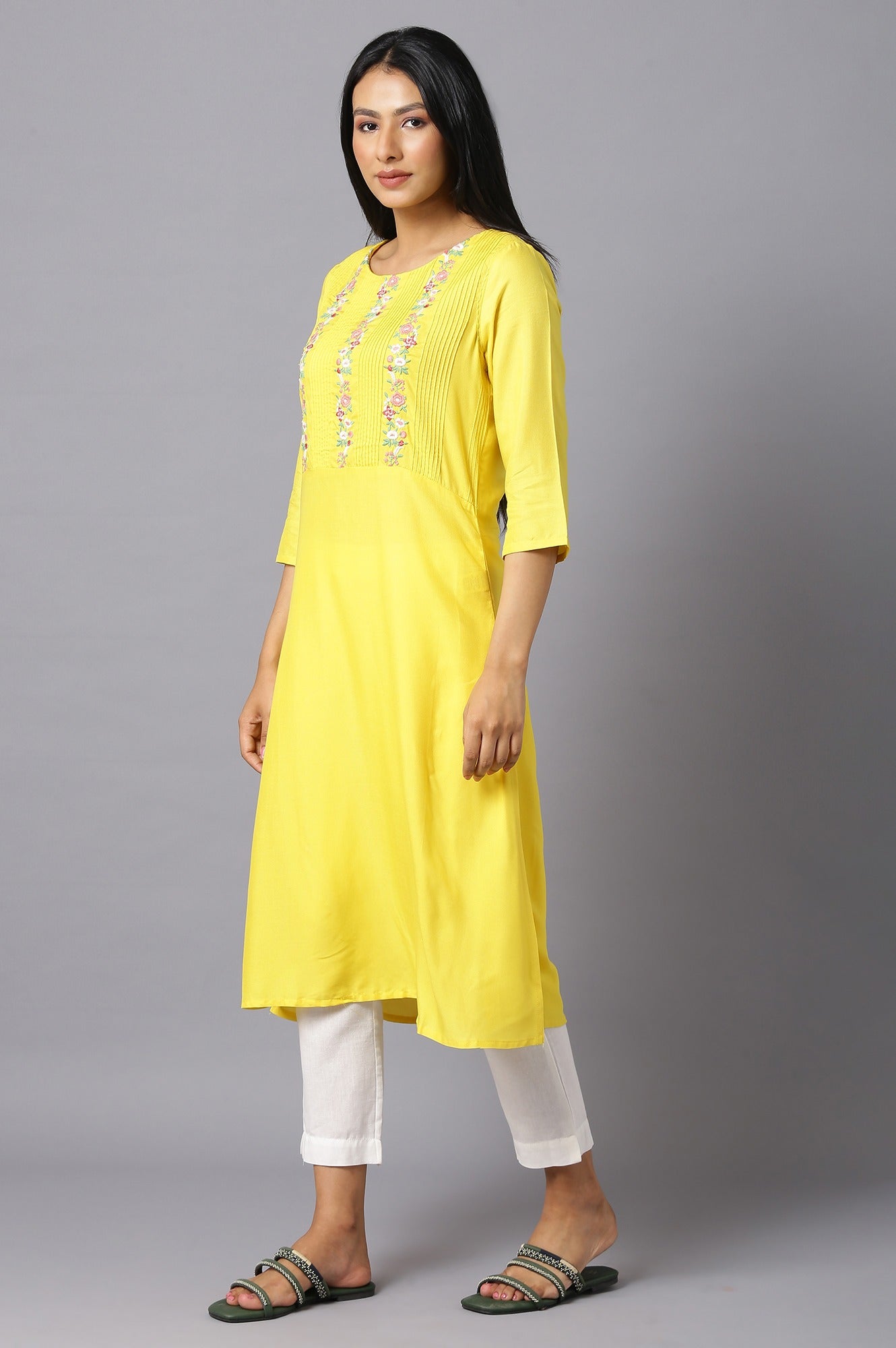 W for Woman Yellow Embroidered Kurta with Lace Trimming