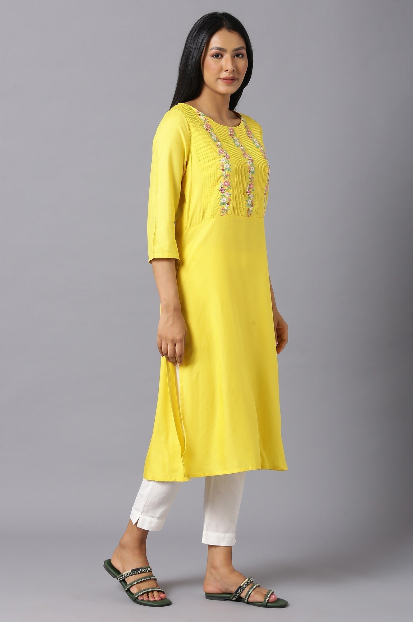 W for Woman Yellow Embroidered Kurta with Lace Trimming