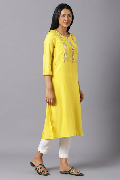 W for Woman Yellow Embroidered Kurta with Lace Trimming