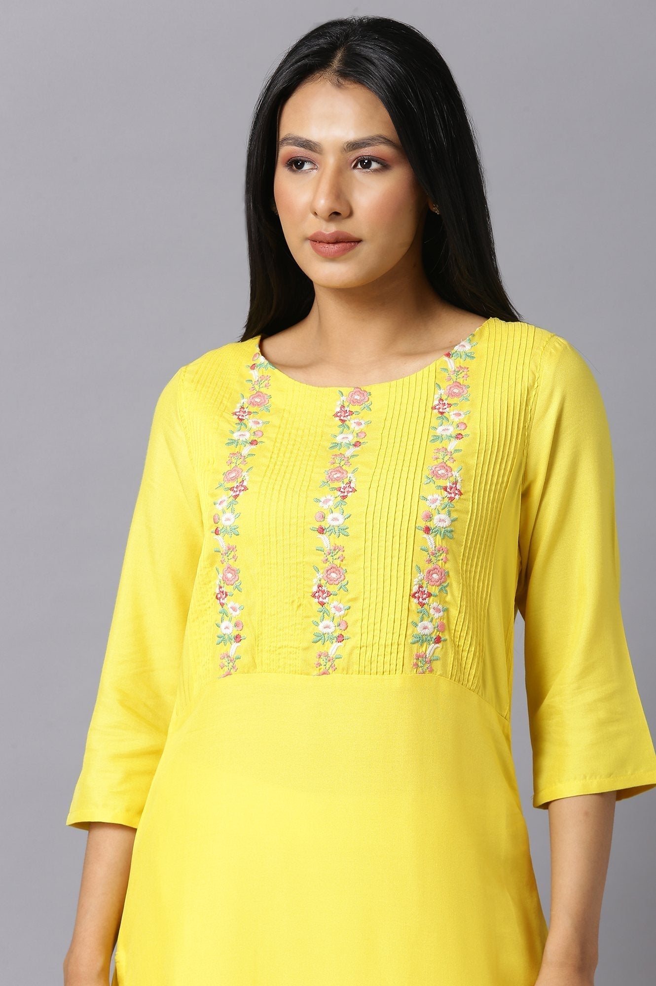 W for Woman Yellow Embroidered Kurta with Lace Trimming