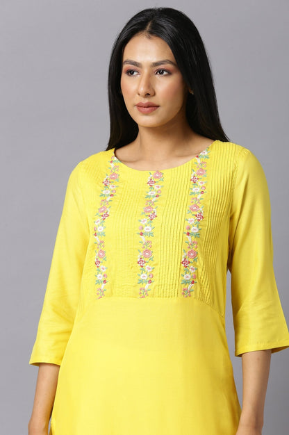 W for Woman Yellow Embroidered Kurta with Lace Trimming