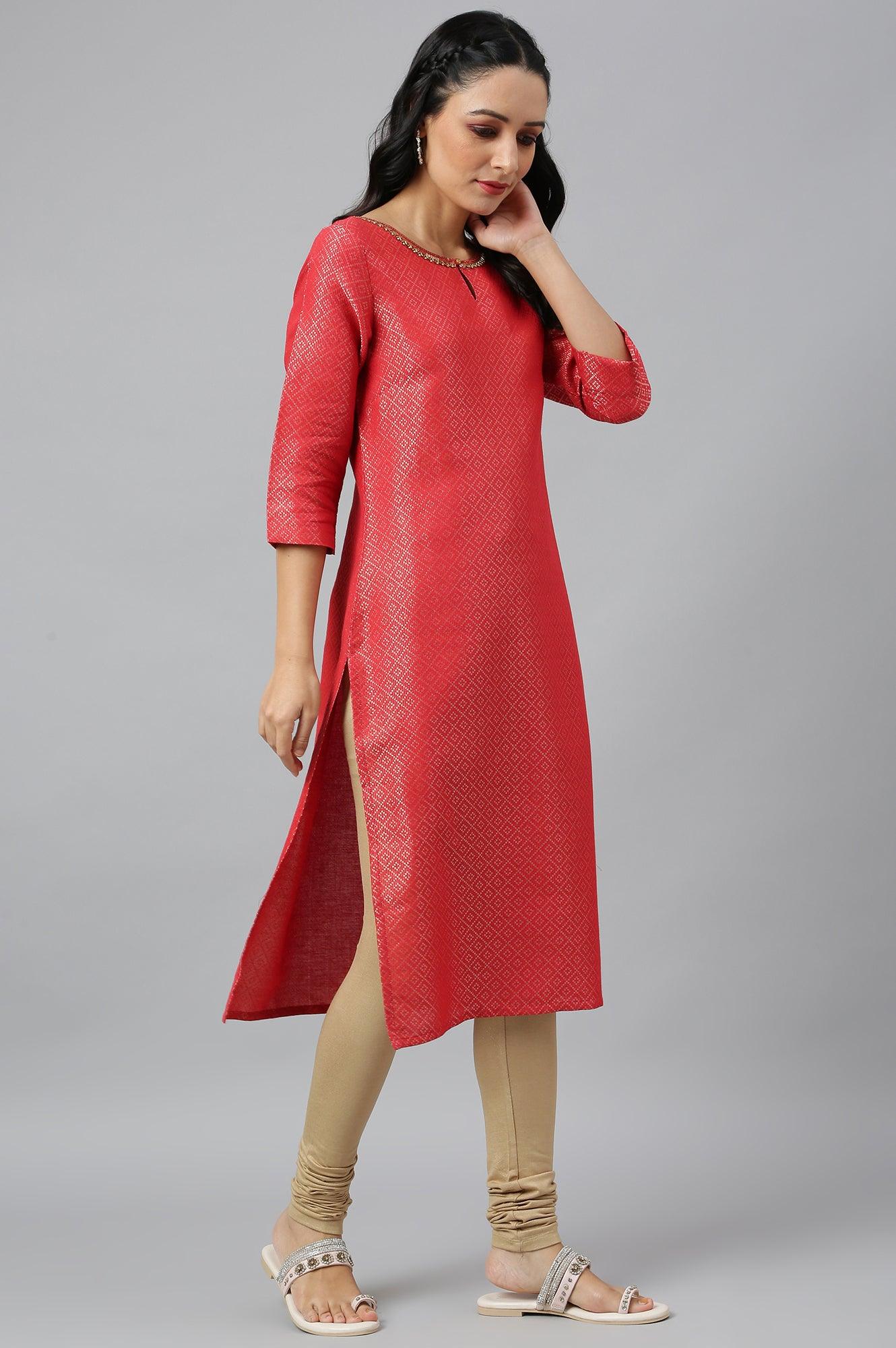 W for Woman Red Geometric Print Dobby kurta