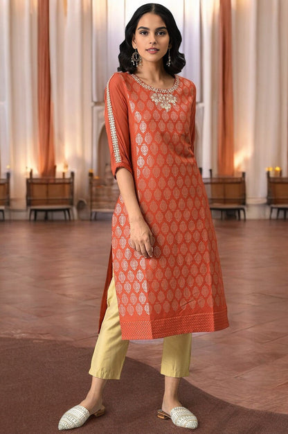 W for Woman Red Jacquard kurta With Embroidery